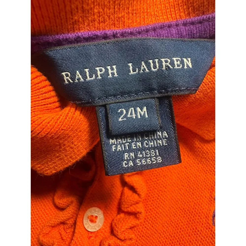 Ralph Lauren Girls 24M Orange Ruffle Polo Shirt Long Sleeve Pony Logo Cotton